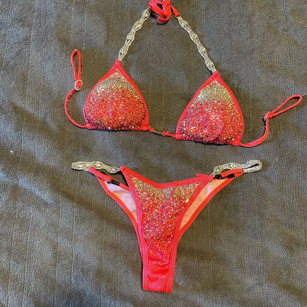 Coral rhinestone competition bikini